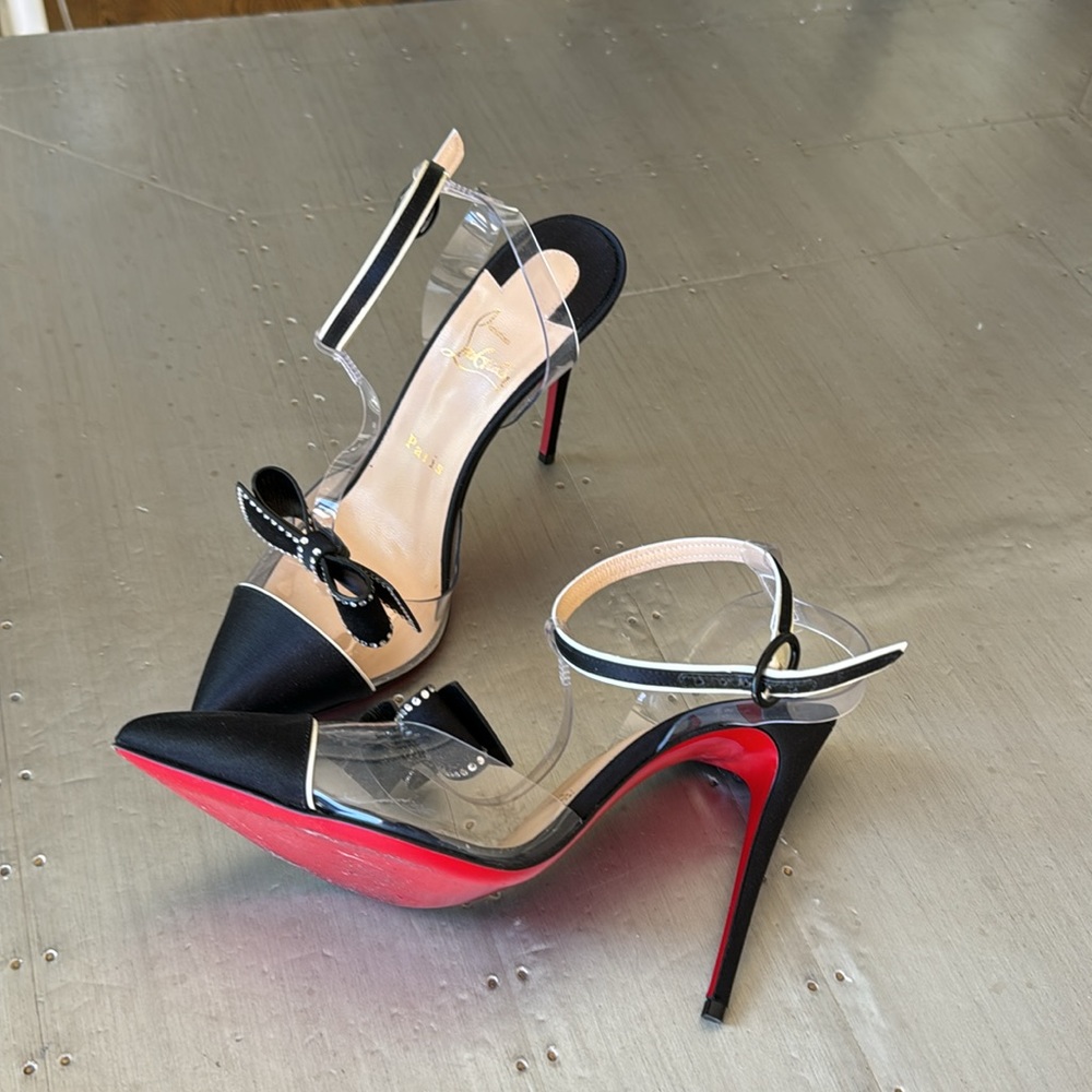 Christian Louboutin naked bow black satin crystal 100mm stiletto sz 38.5 - Picture 5 of 14